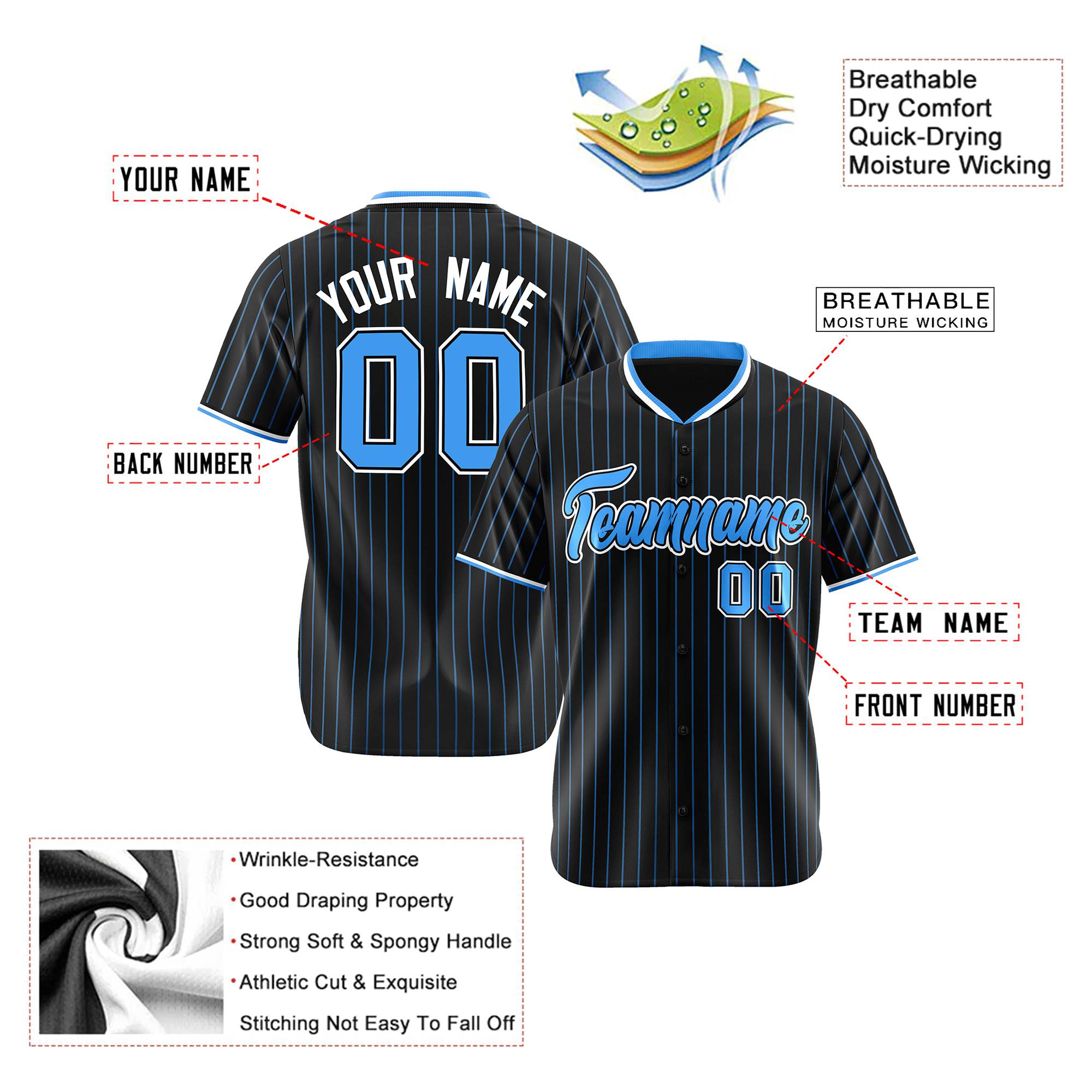 Custom Black Blue Pinstripe Blue-White Authentic Baseball Jersey