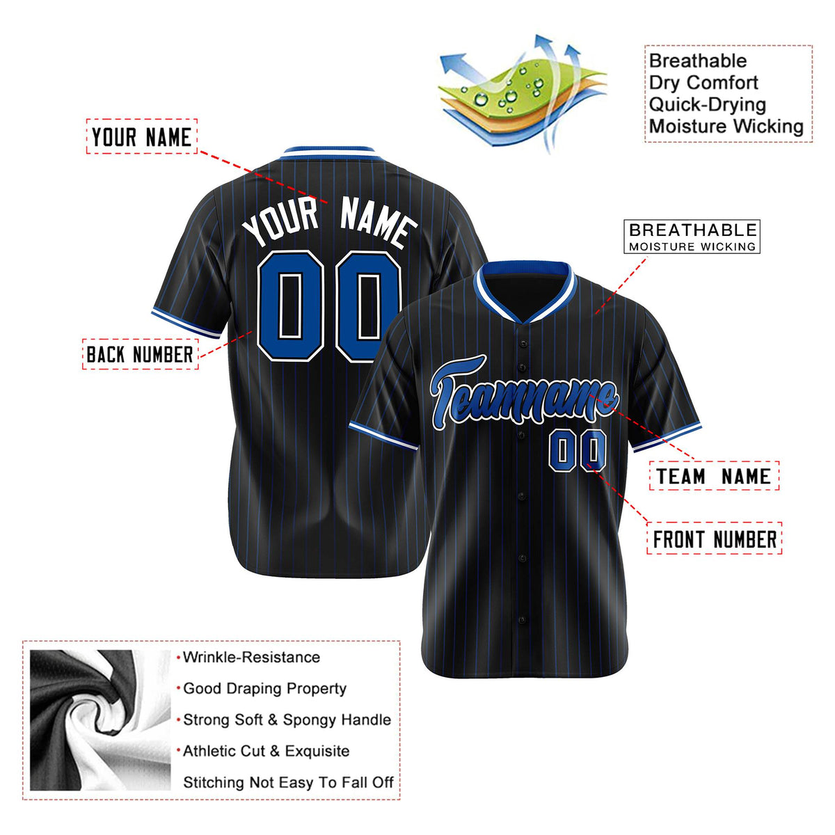 Custom Black Electric-Blue Pinstripe Electric-Blue White Authentic Baseball Jersey