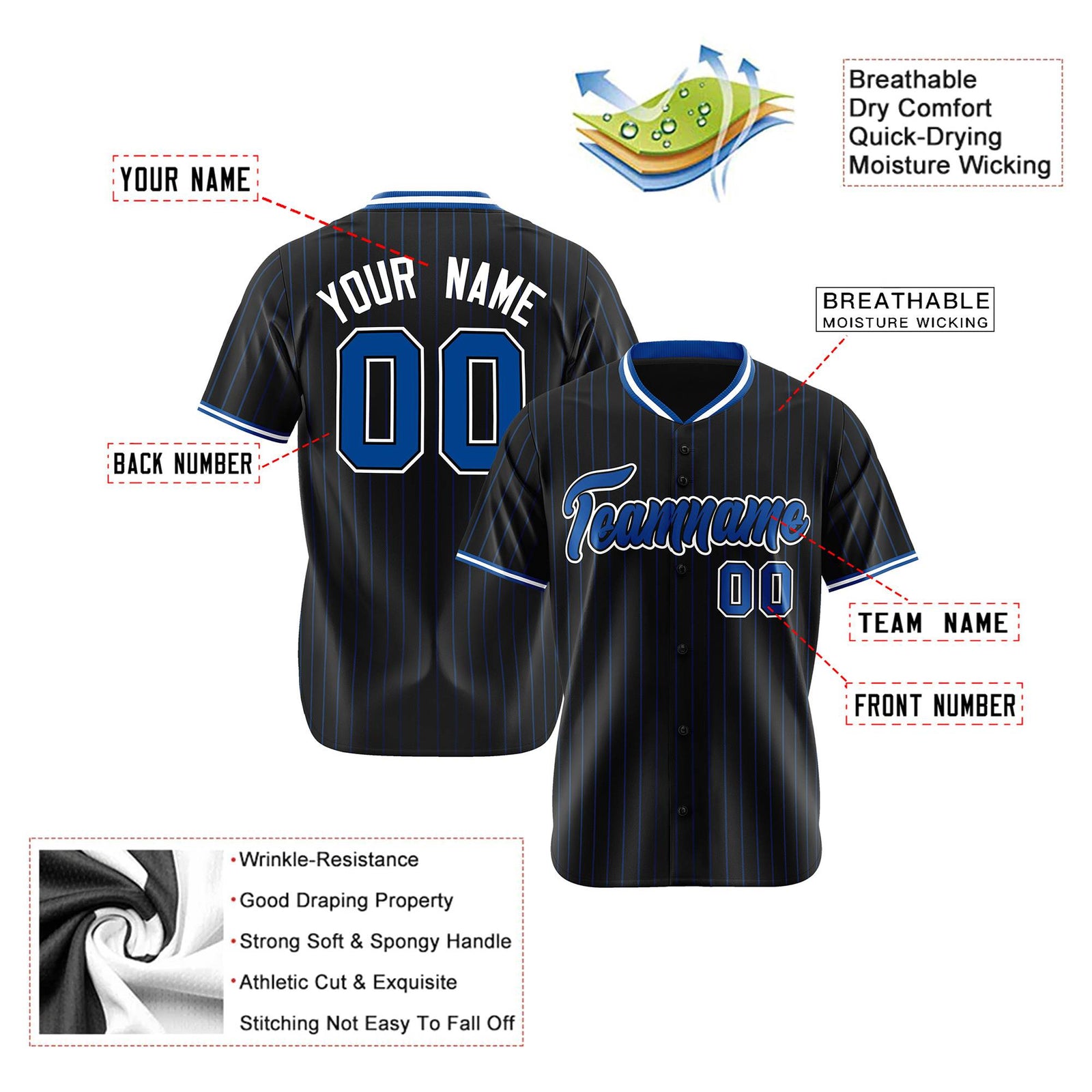 Custom Black Electric-Blue Pinstripe Electric-Blue White Authentic Baseball Jersey