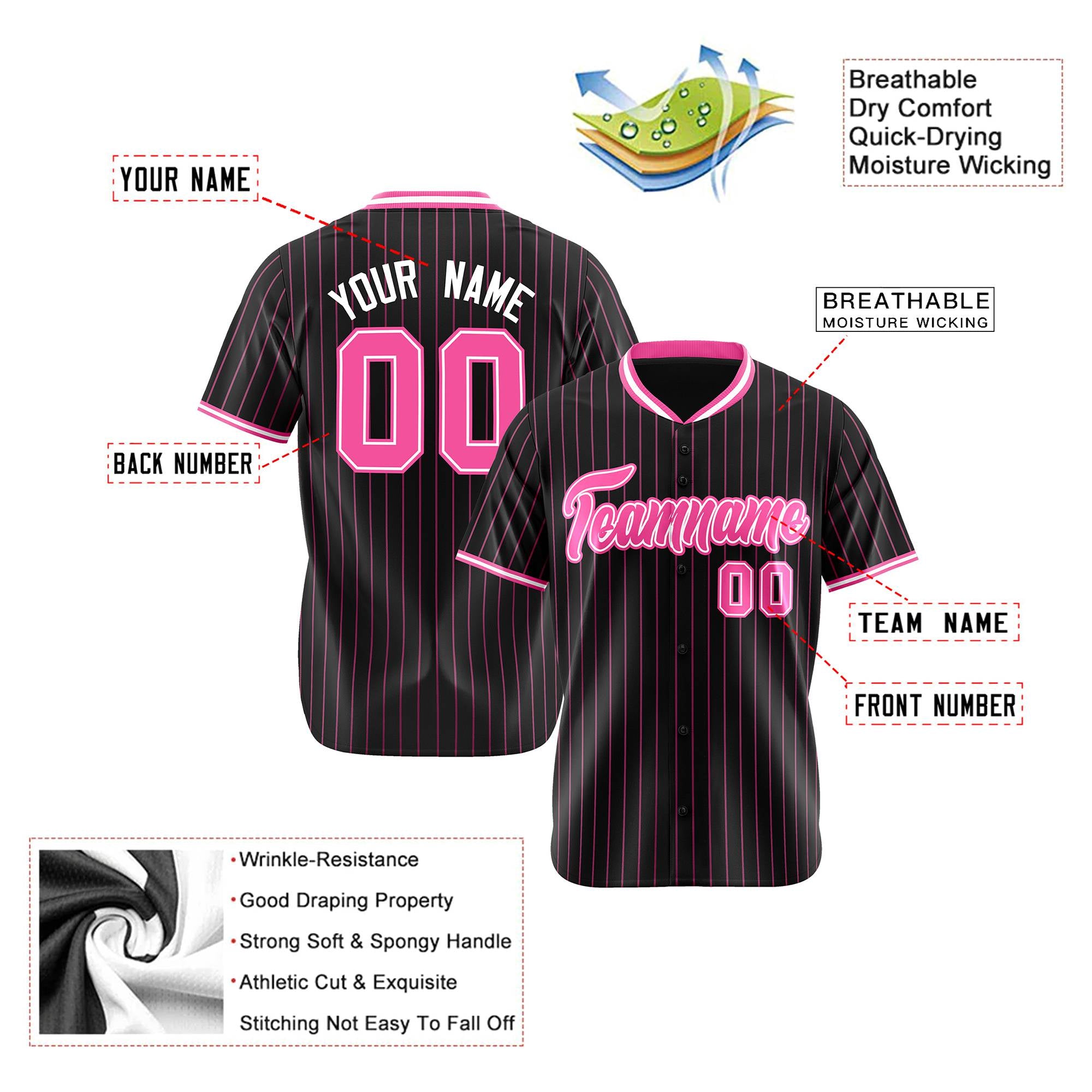 Custom Black Pink Pinstripe Pink-White Authentic Baseball Jersey