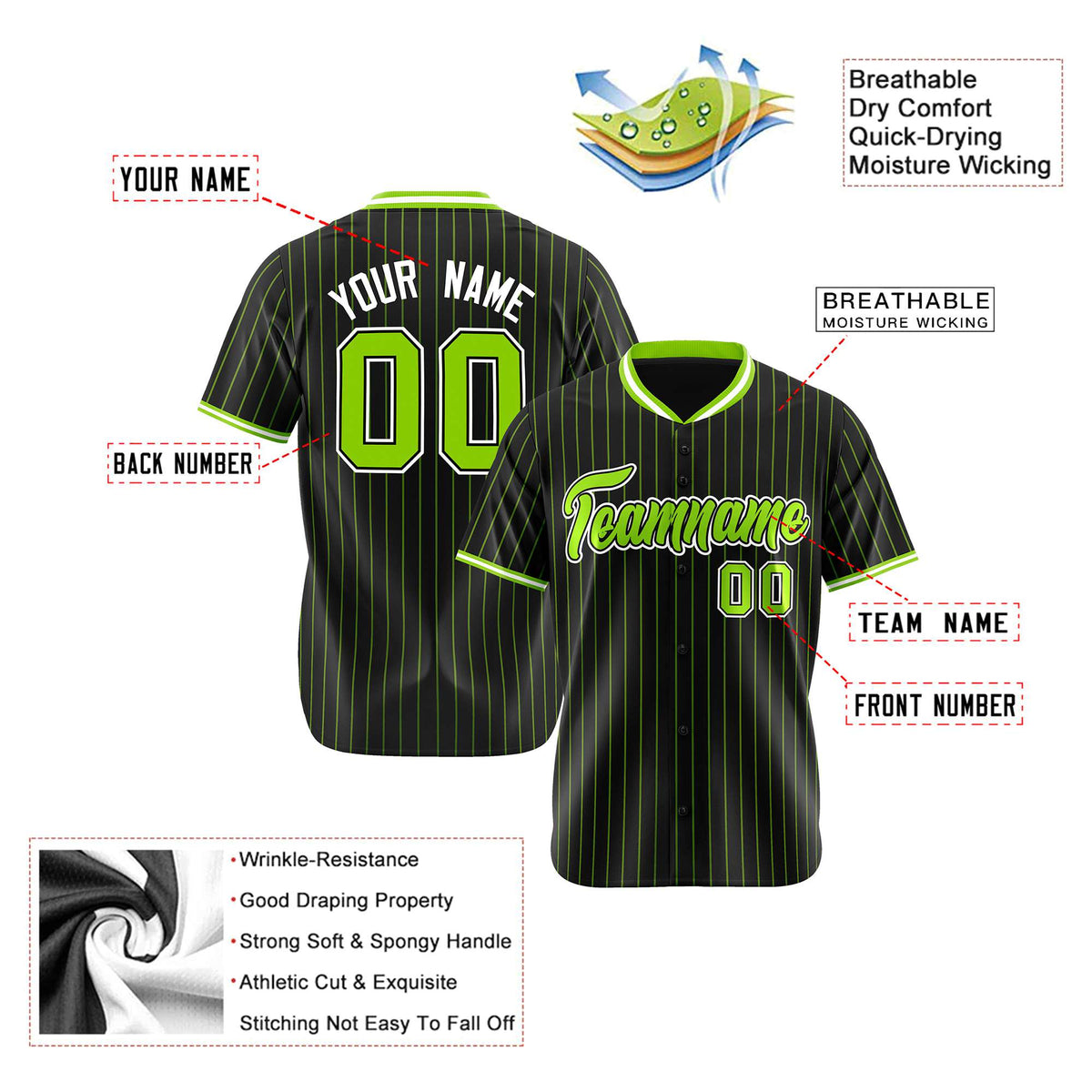 Custom Black Neon-Green Pinstripe Neon-Green White Authentic Baseball Jersey
