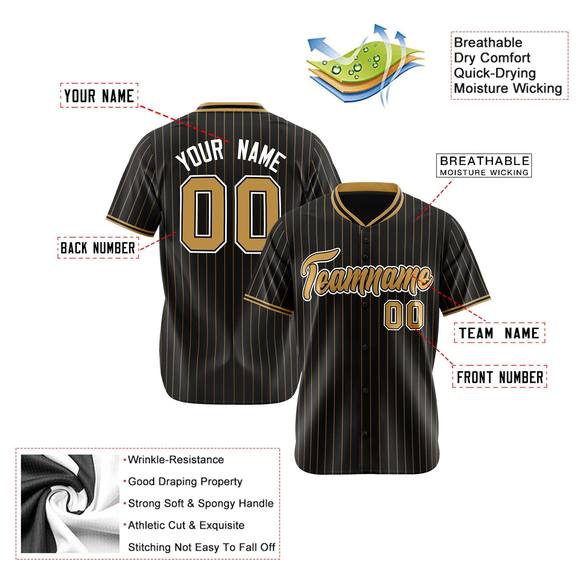 Custom Black Old-Gold Pinstripe Old-Gold White Authentic Baseball Jersey