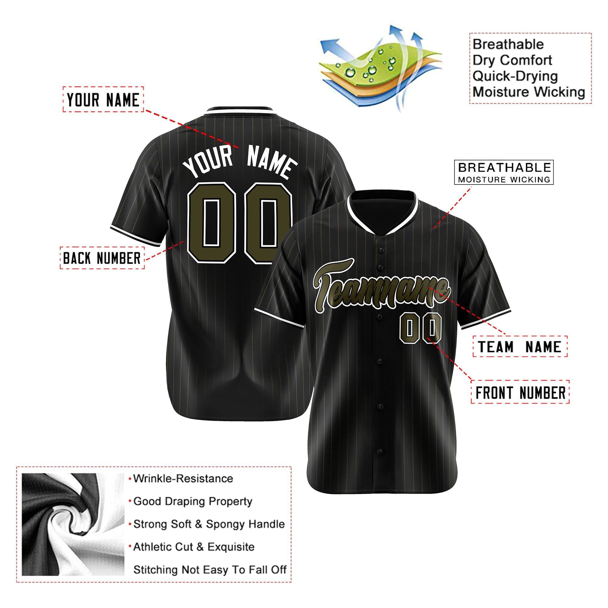 Custom Black Olive Pinstripe Olive-White Authentic Baseball Jersey