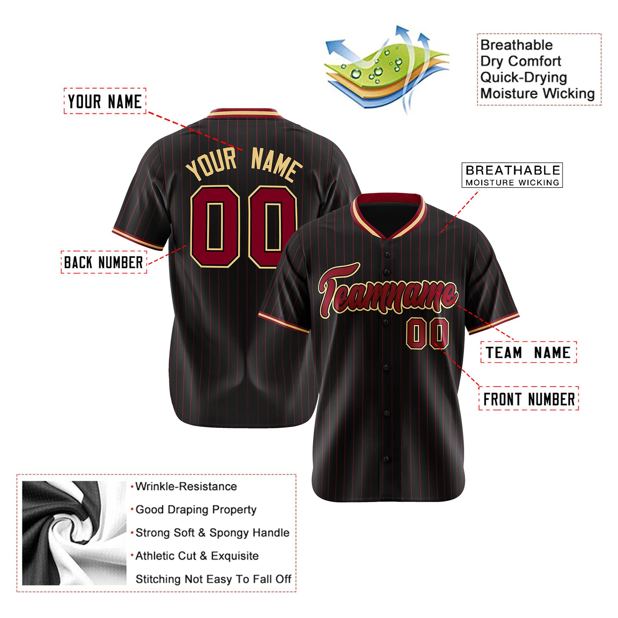 Custom Black Crimson Pinstripe Crimson Old-Gold Authentic Baseball Jersey