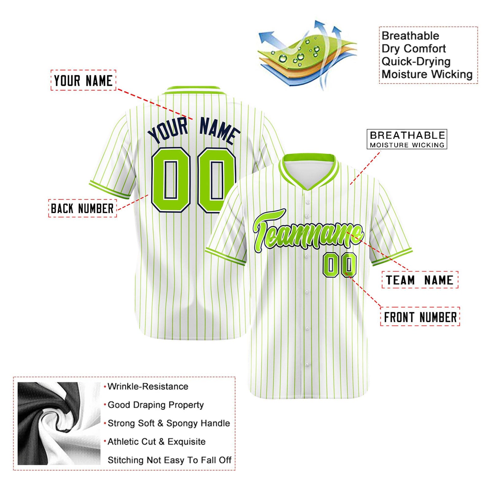 Custom White Neon-Green Pinstripe White Neon-Green Black Authentic Baseball Jersey