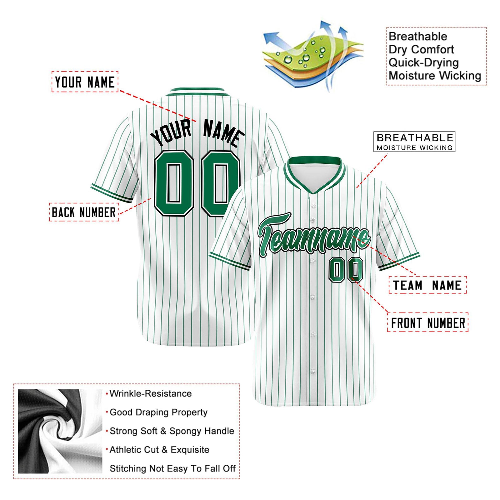 Custom White Kelly-Green Pinstripe White Kelly-Green Black Authentic Baseball Jersey
