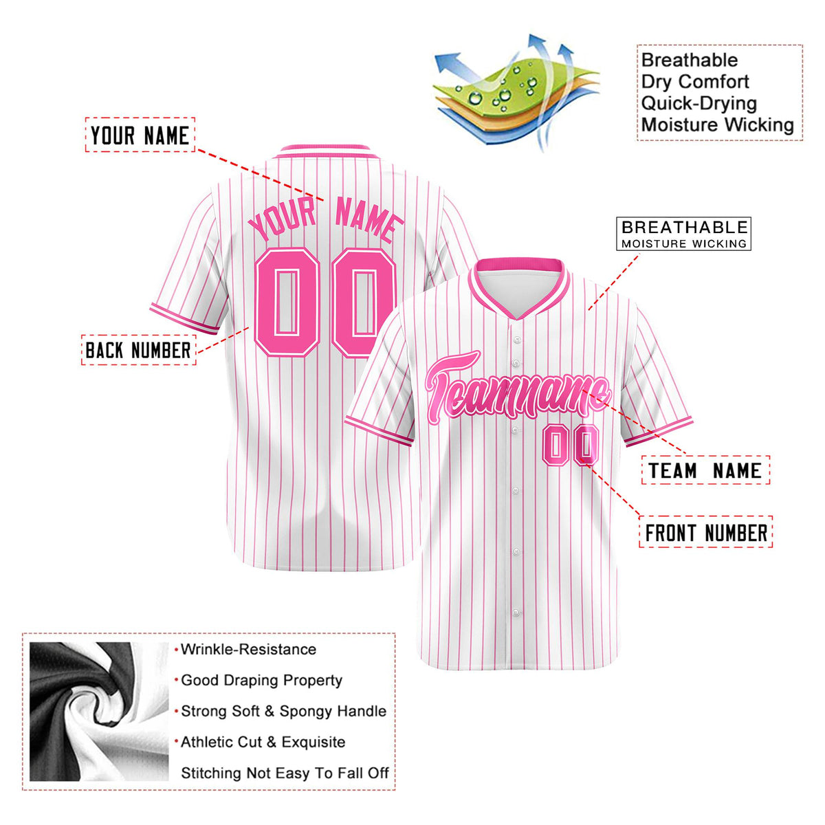 Custom White Pink Pinstripe White-Pink Authentic Baseball Jersey