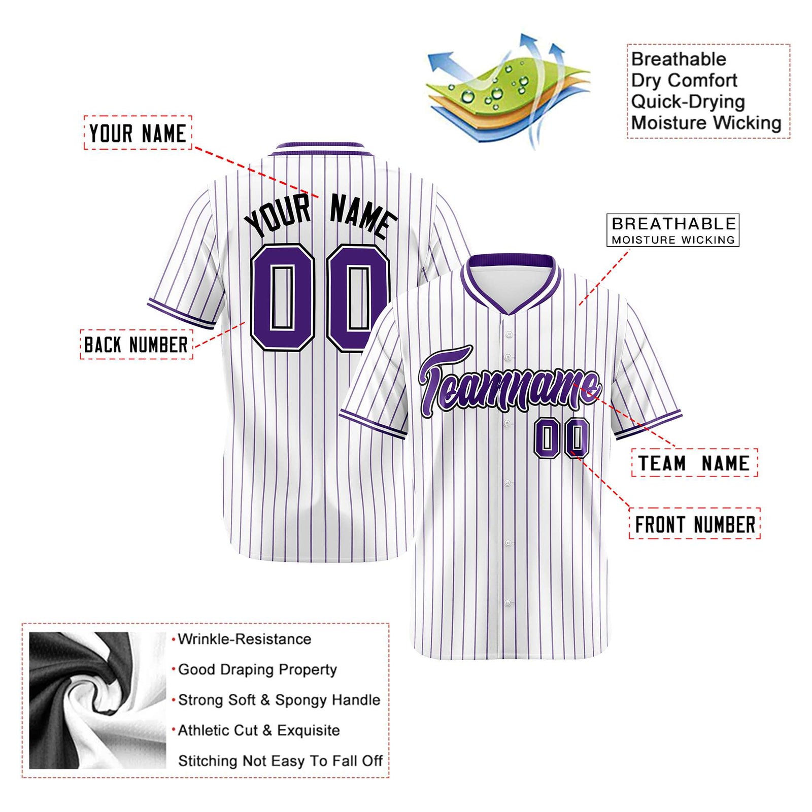 Custom White Purple Pinstripe White-Purple Black Authentic Baseball Jersey