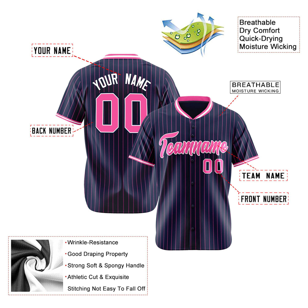 Custom Navy Pink Pinstripe Pink-White Authentic Baseball Jersey