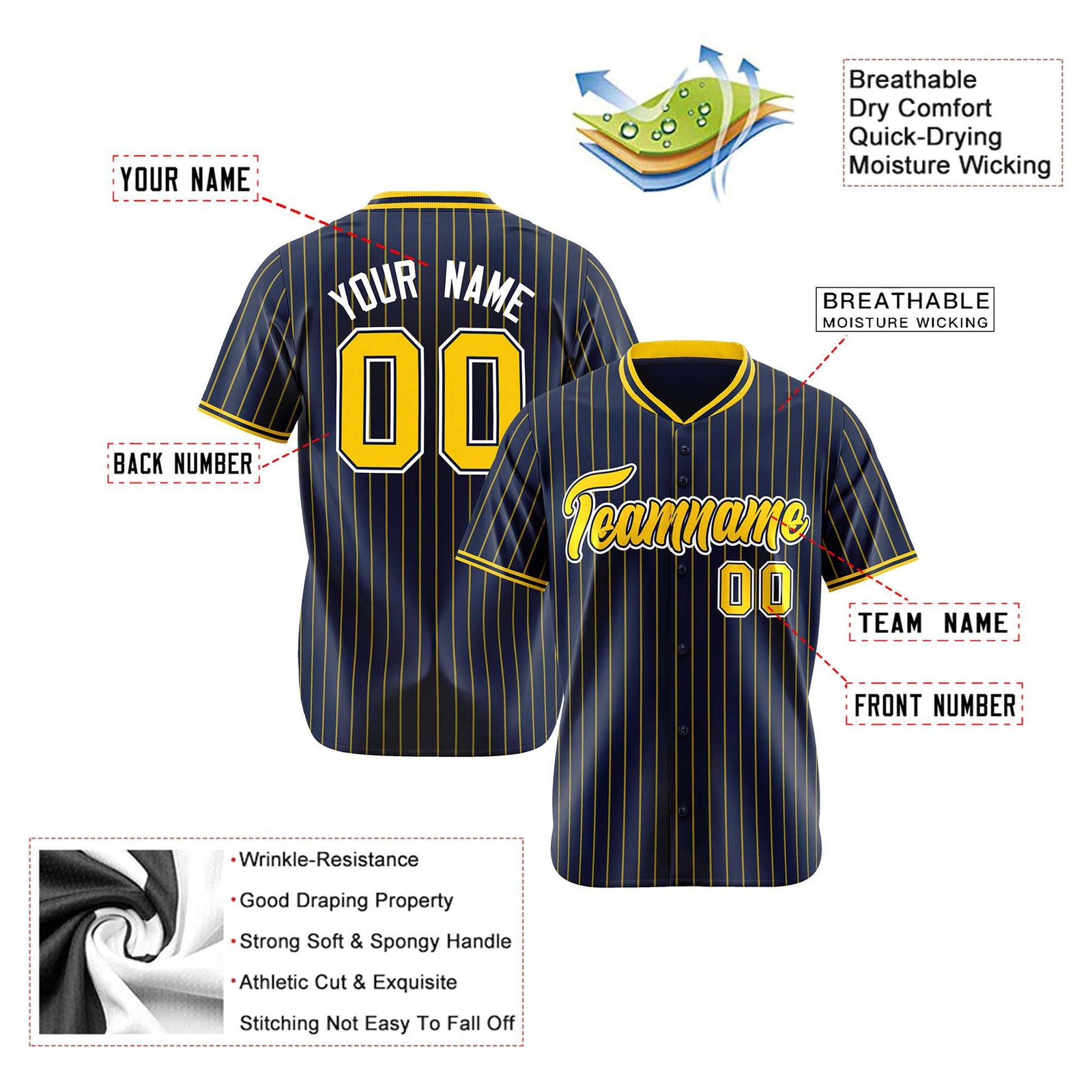 Custom Navy Yellow Pinstripe Yellow-White Authentic Baseball Jersey