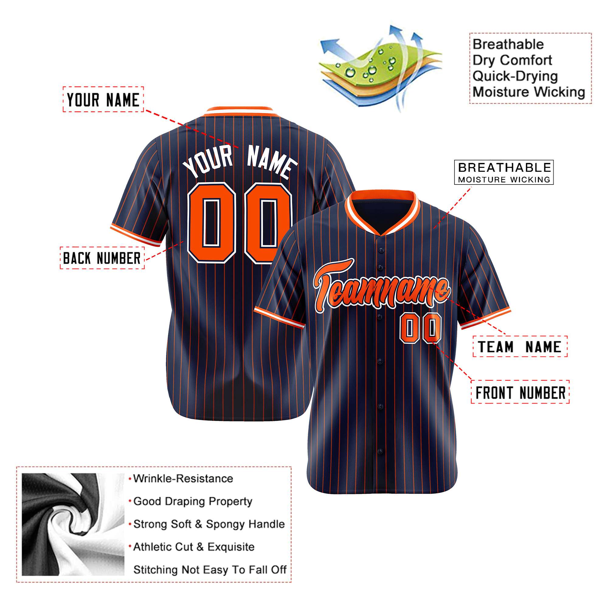 Custom Navy Orange Pinstripe Orange-White Authentic Baseball Jersey