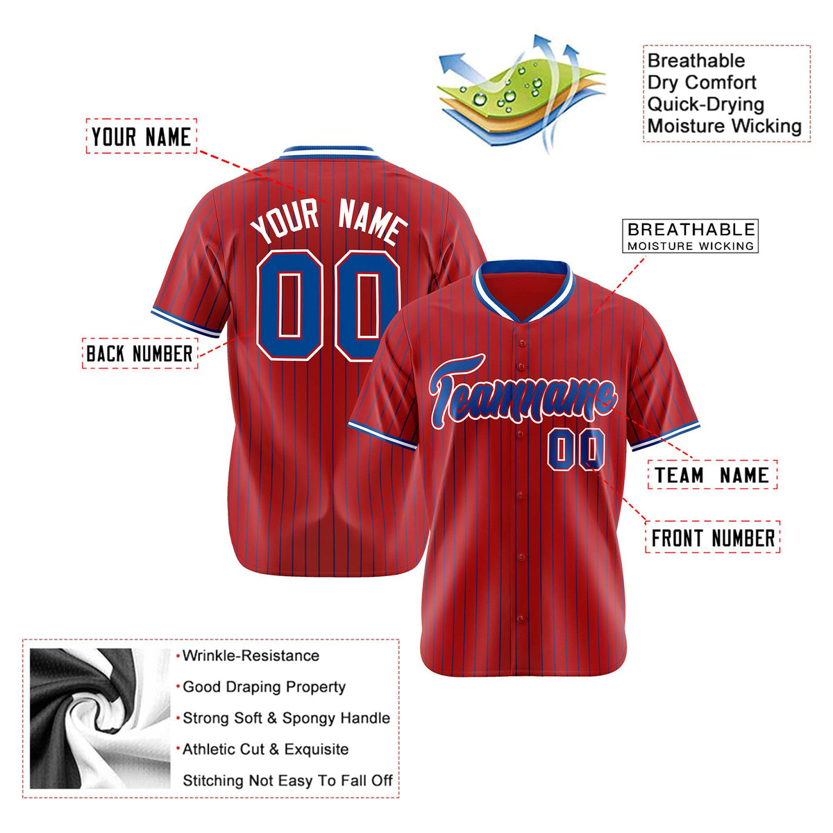 Custom Red Blue Pinstripe Blue-White Authentic Baseball Jersey