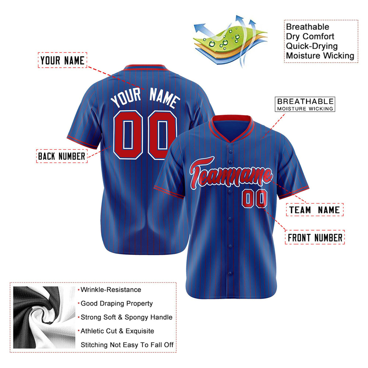 Custom Blue Red Pinstripe Red-White Authentic Baseball Jersey