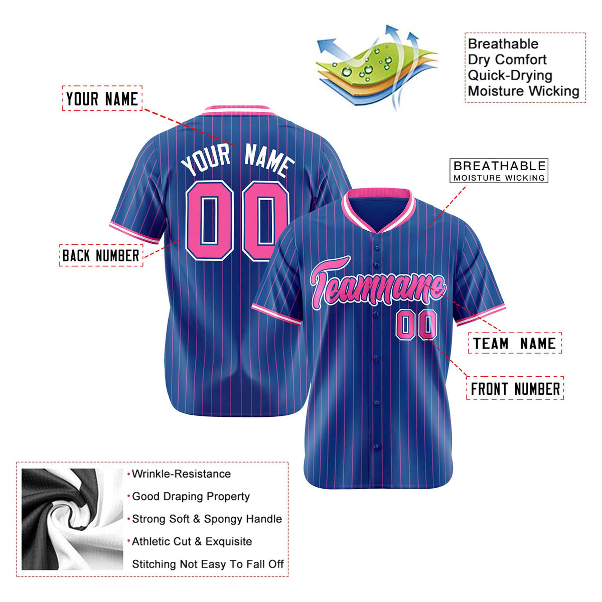 Custom Blue Pink Pinstripe Pink-White Authentic Baseball Jersey