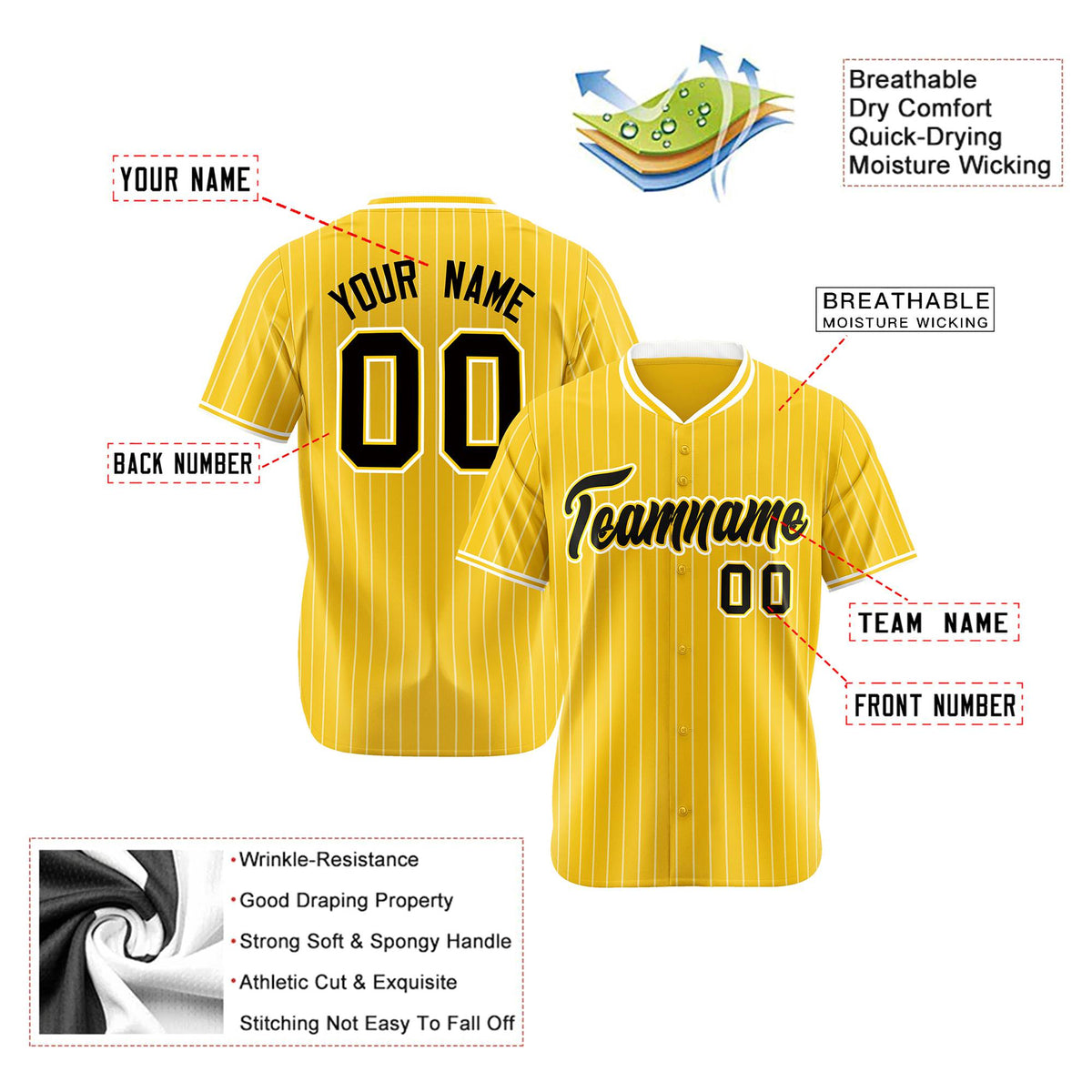 Custom Yellow White Pinstripe Black-White Authentic Baseball Jersey