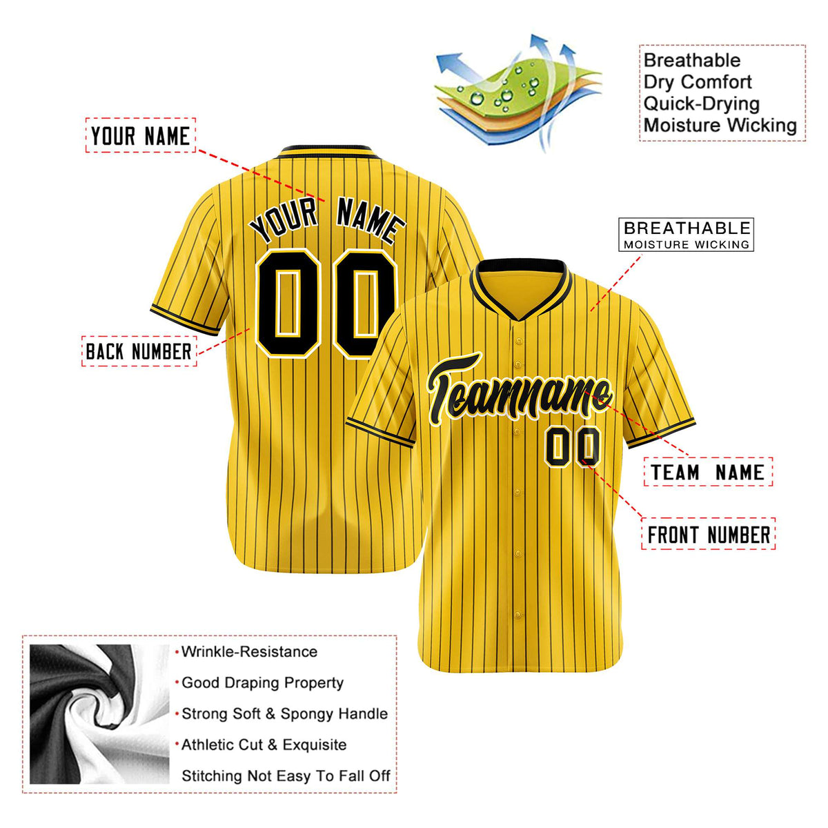Custom Yellow Black Pinstripe Black-White Authentic Baseball Jersey