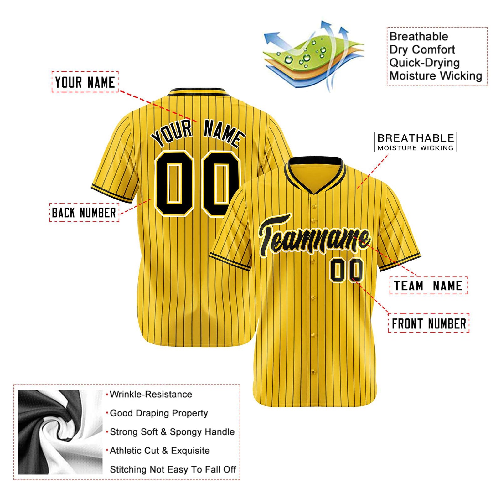 Custom Yellow Black Pinstripe Black-White Authentic Baseball Jersey