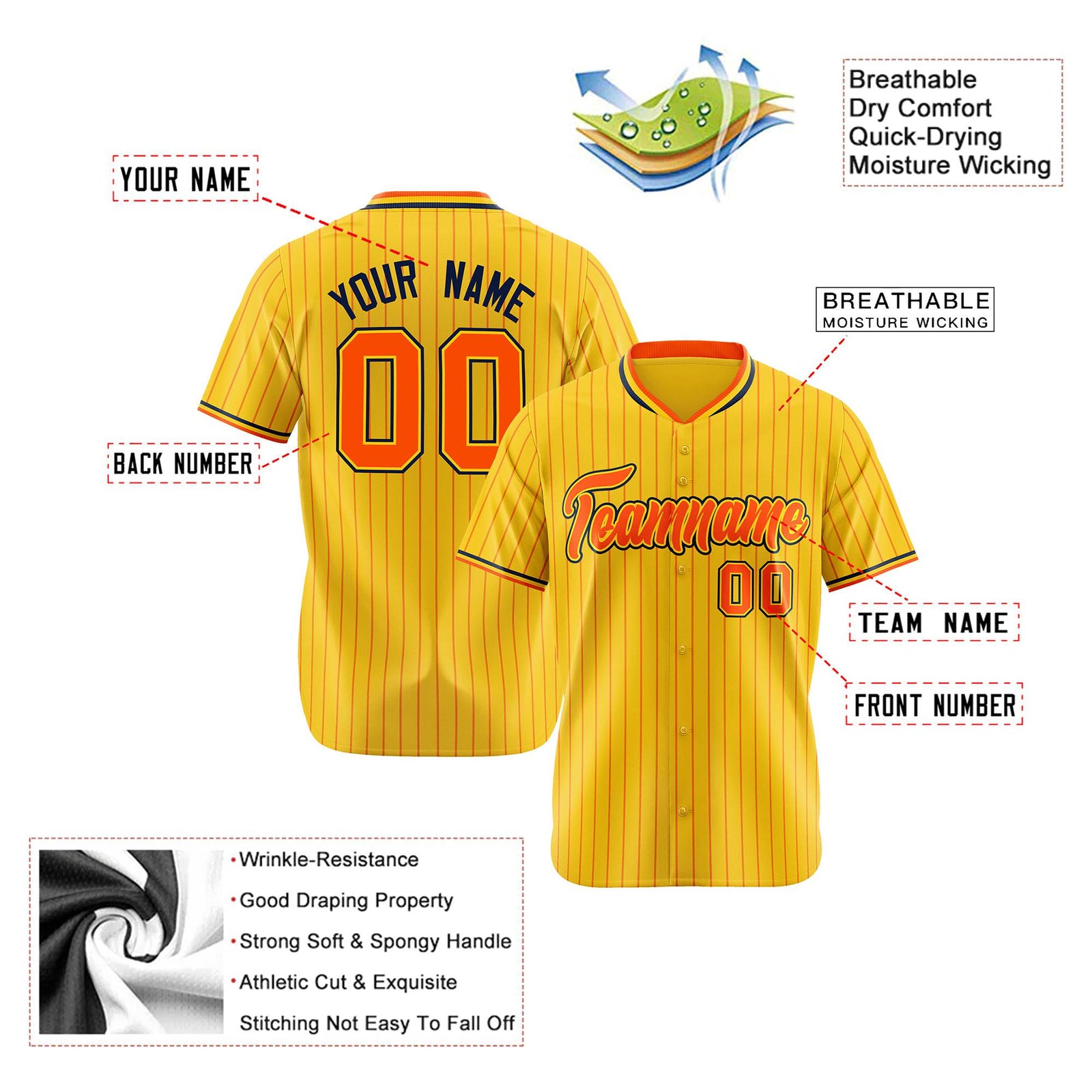 Custom Yellow Orange Pinstripe Orange-Black Authentic Baseball Jersey