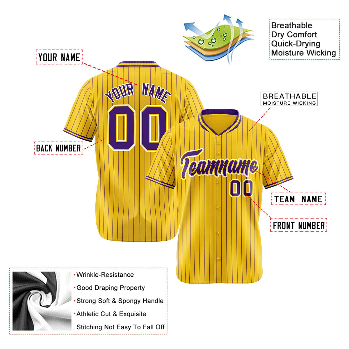Custom Yellow Purple Pinstripe Purple-White Authentic Baseball Jersey