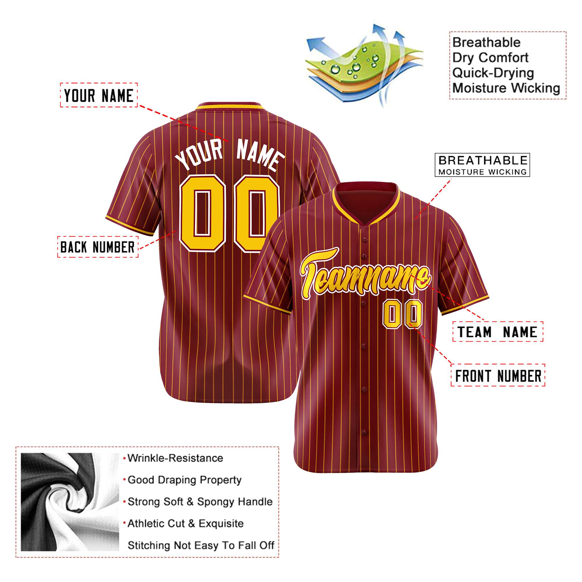 Custom Crimson Yellow Pinstripe Yellow-White Authentic Baseball Jersey