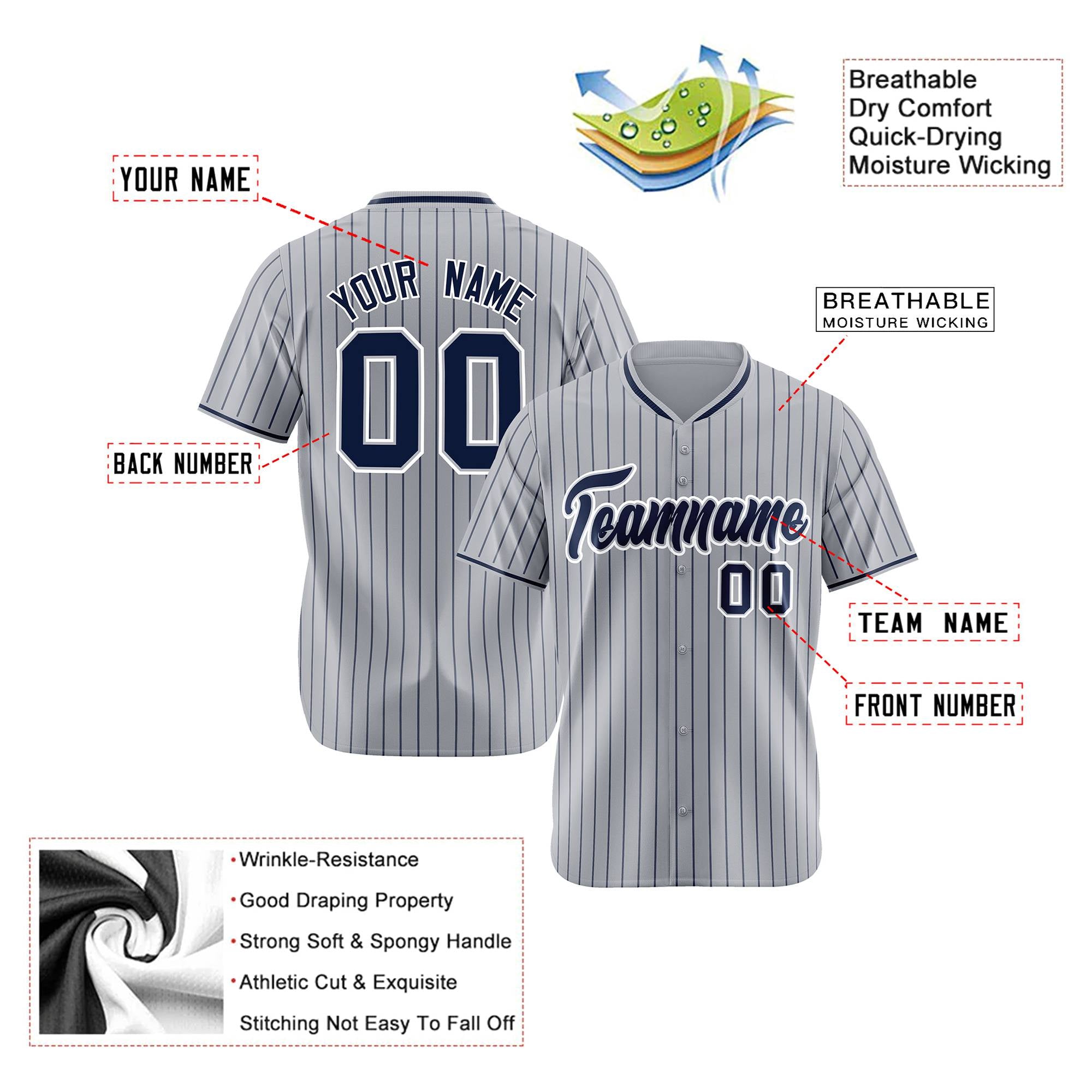 Custom Gray Navy Pinstripe Navy-White Authentic Baseball Jersey