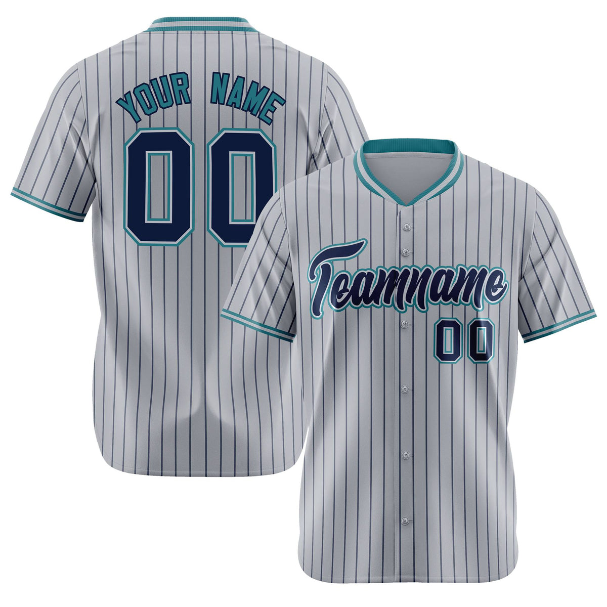 Custom Gray Navy Pinstripe Navy-Aqua Authentic Baseball Jersey