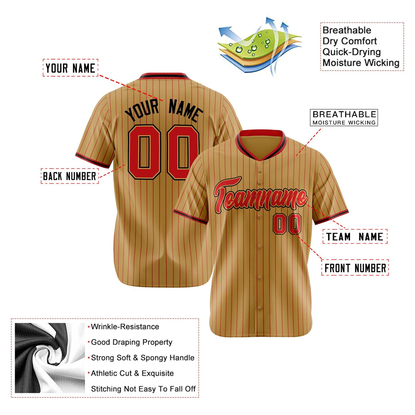 Custom Brwon Red Pinstripe Red-Black Authentic Baseball Jersey