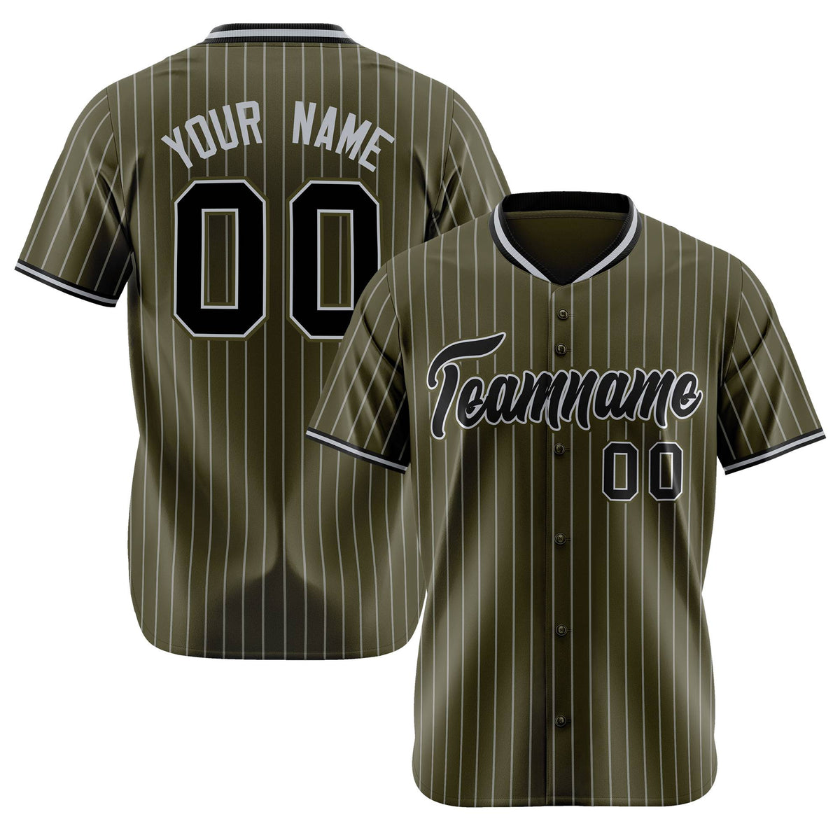 Custom Olive Black Pinstripe Black-Gray Authentic Baseball Jersey