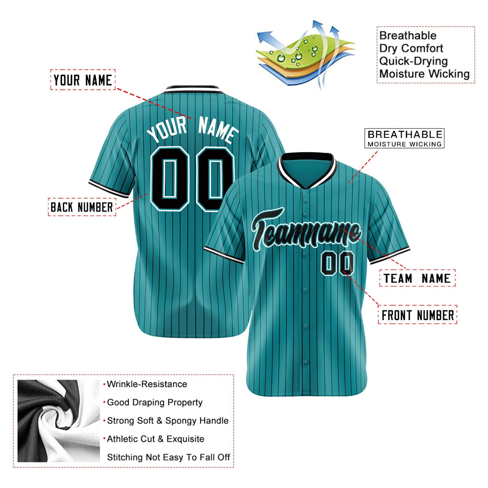 Custom Aqua Black Pinstripe Black-White Authentic Baseball Jersey