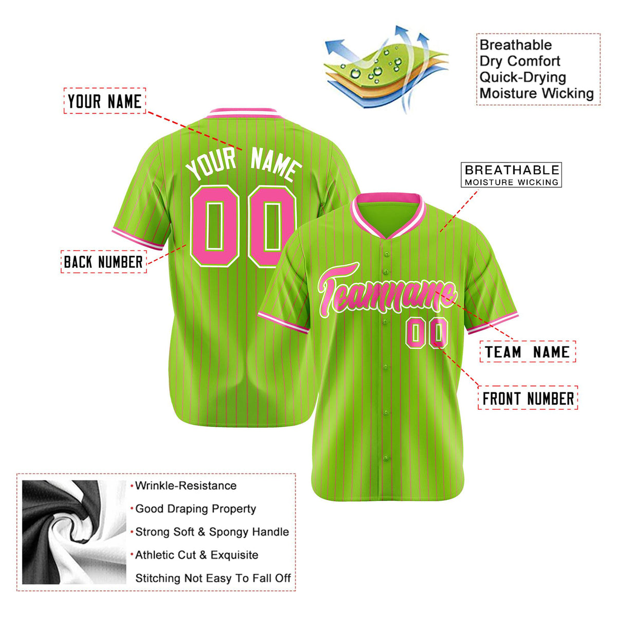 Custom Neon Green Pink Pinstripe Pink-White Authentic Baseball Jersey