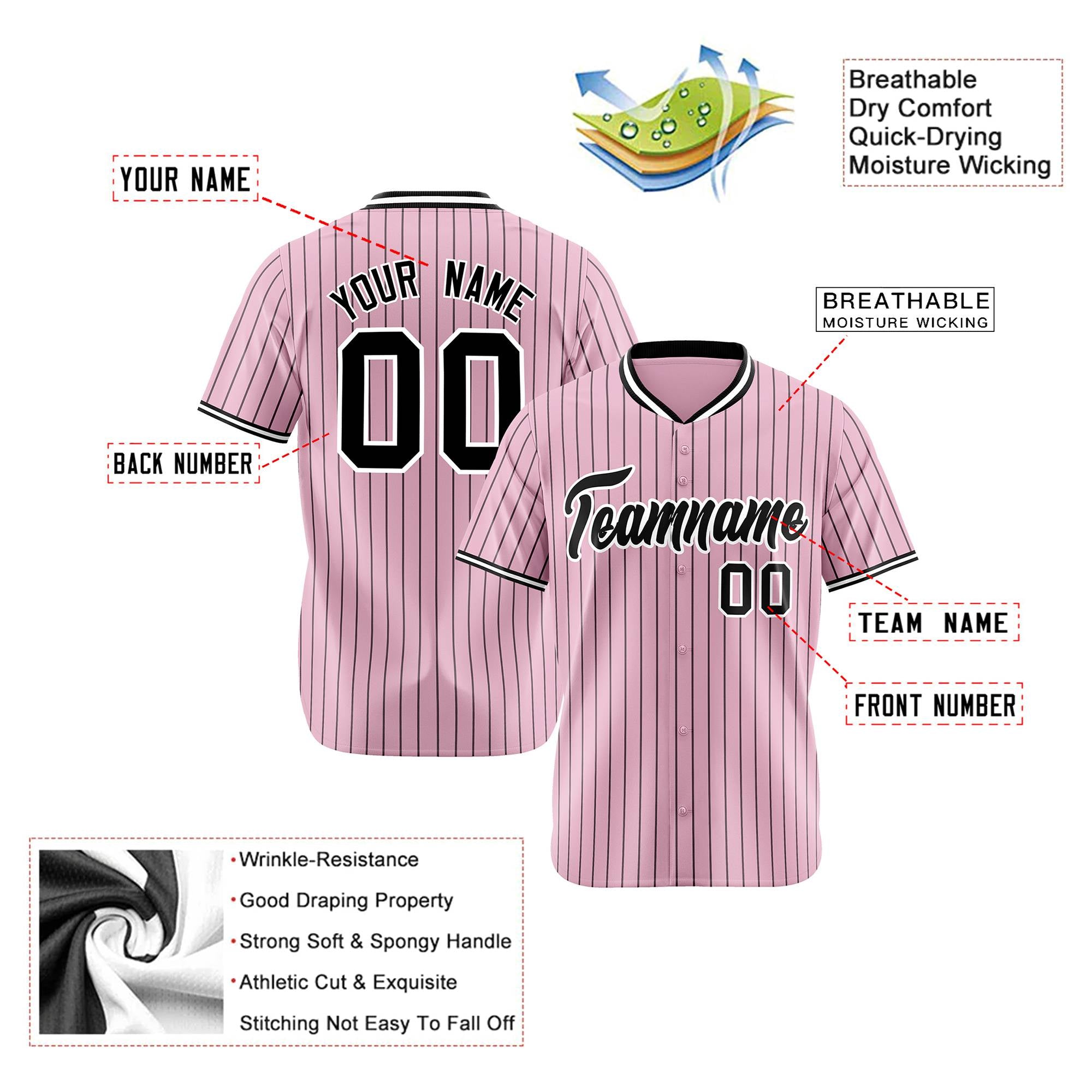 Custom Pink Black Pinstripe Black-White Authentic Baseball Jersey