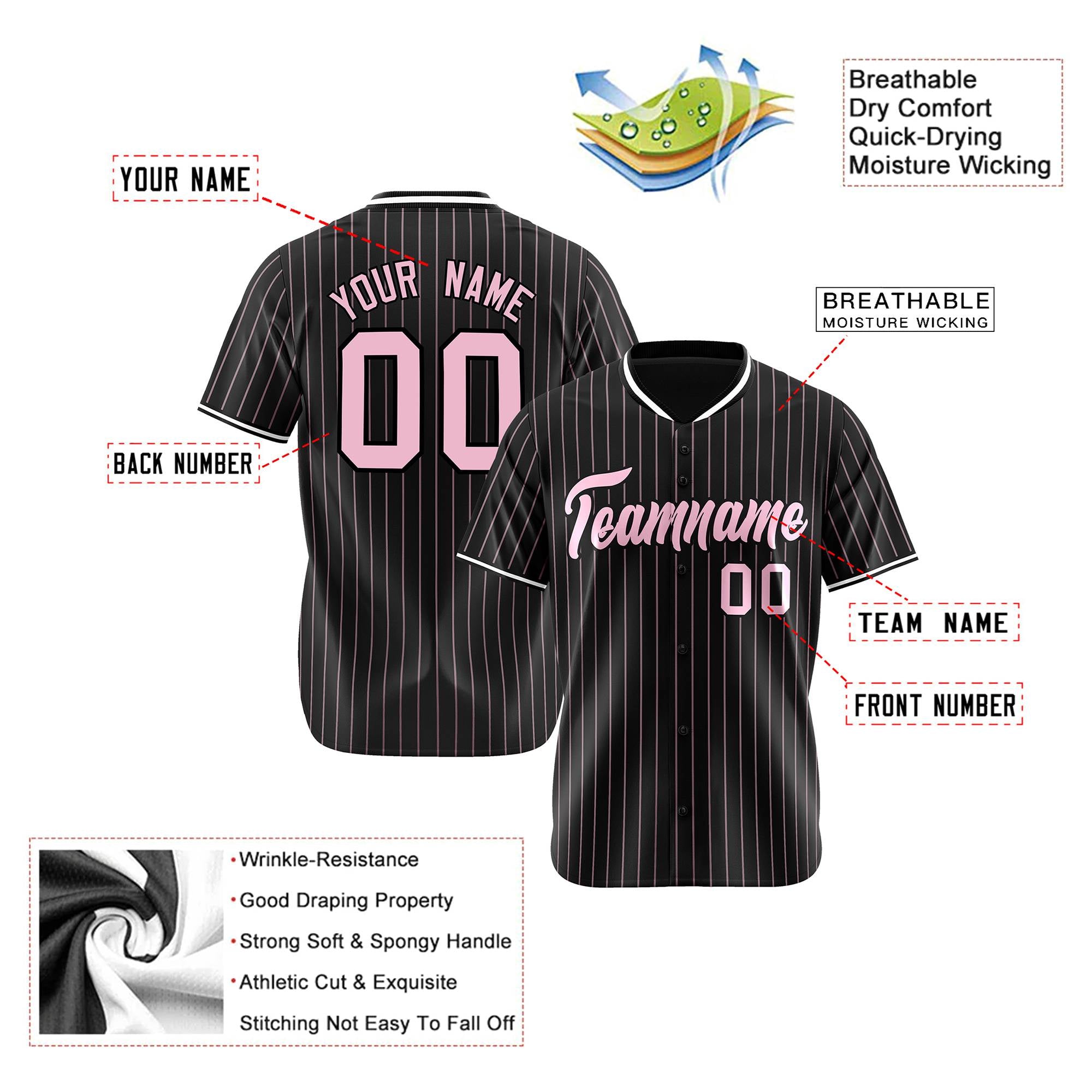 Custom Black Pink Pinstripe Pink-White Authentic Baseball Jersey