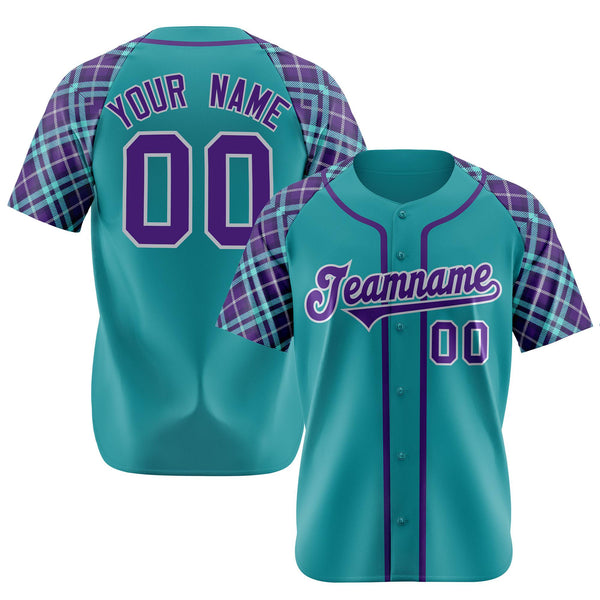 Custom Aqua Purple Authentic Plaid sleeve Baseball Jersey