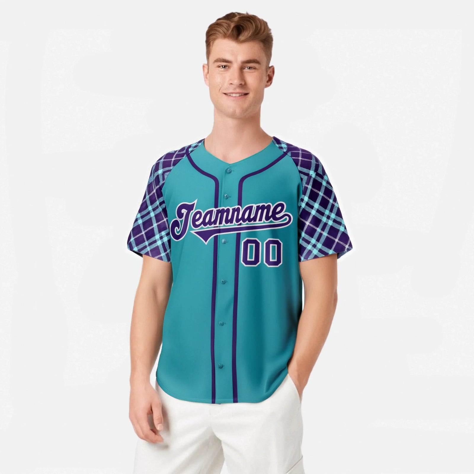 Custom Light Blue Purple-White Authentic Plaid sleeve Baseball Jersey