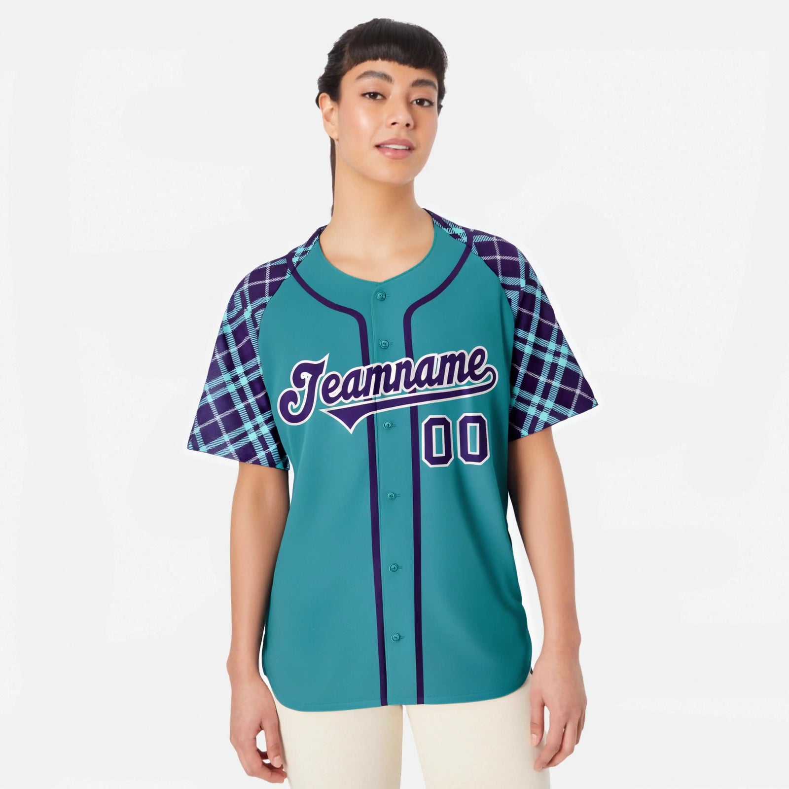 Custom Light Blue Purple-White Authentic Plaid sleeve Baseball Jersey
