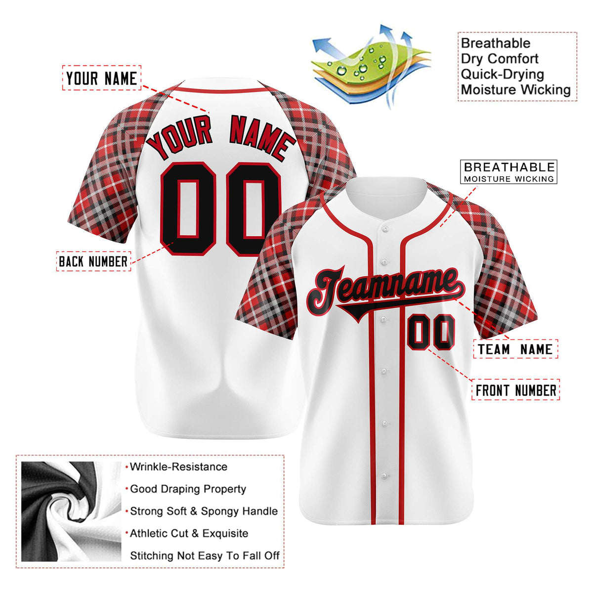Custom White Crimson-Black Authentic Plaid sleeve Baseball Jersey