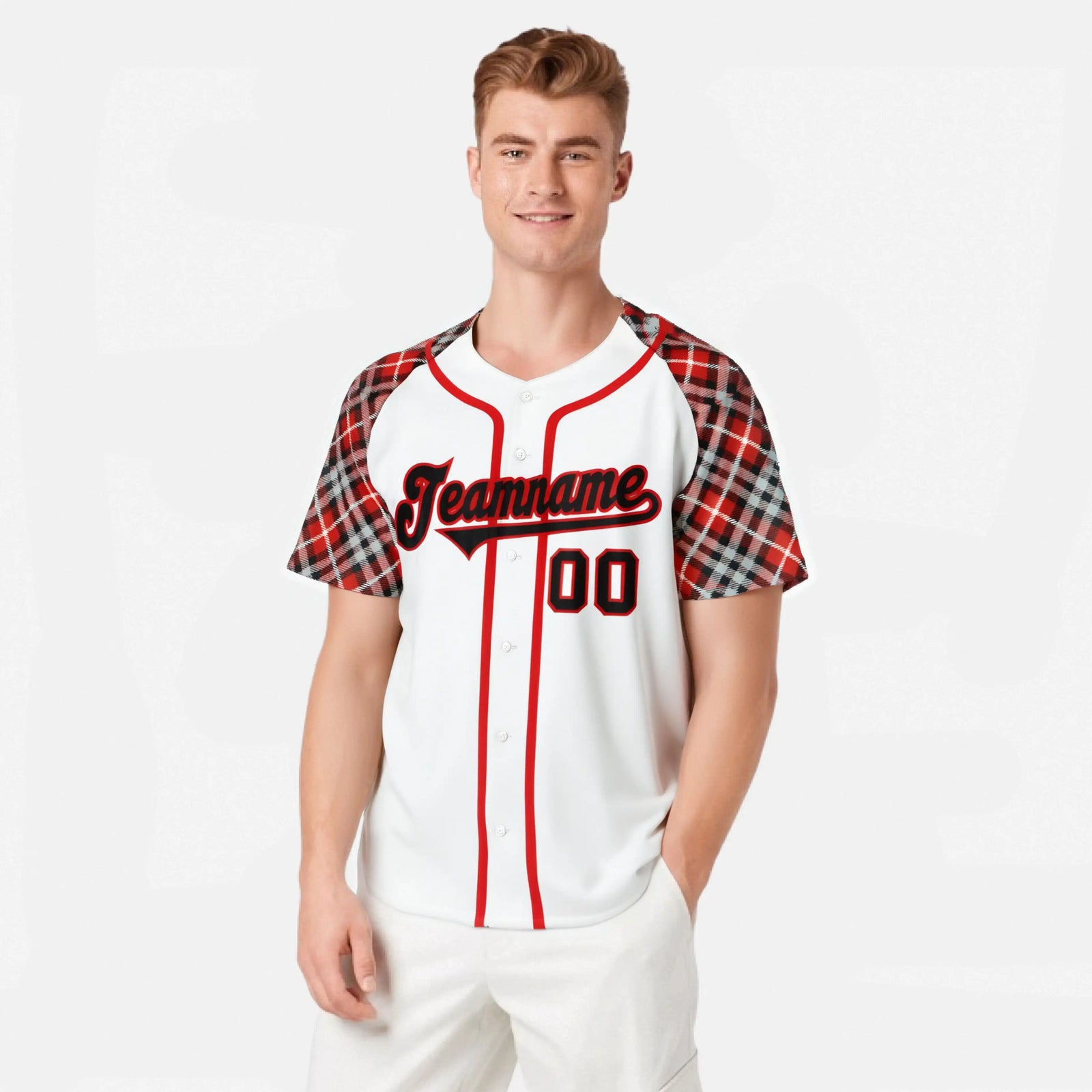 Custom White Crimson-Black Authentic Plaid sleeve Baseball Jersey
