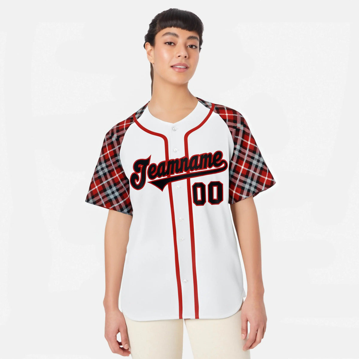 Custom White Crimson-Black Authentic Plaid sleeve Baseball Jersey