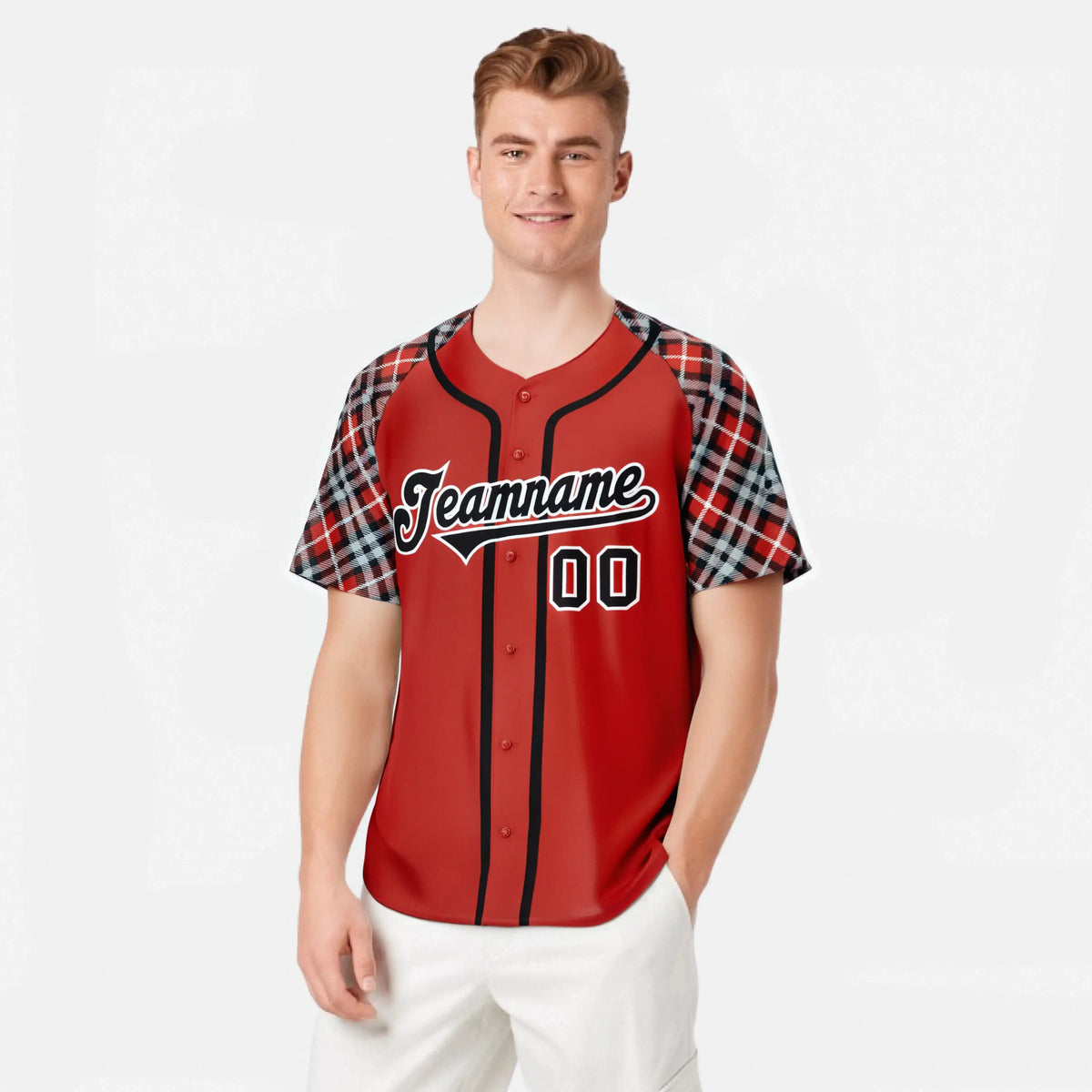 Custom Red Brown-Black White Authentic Plaid sleeve Baseball Jersey
