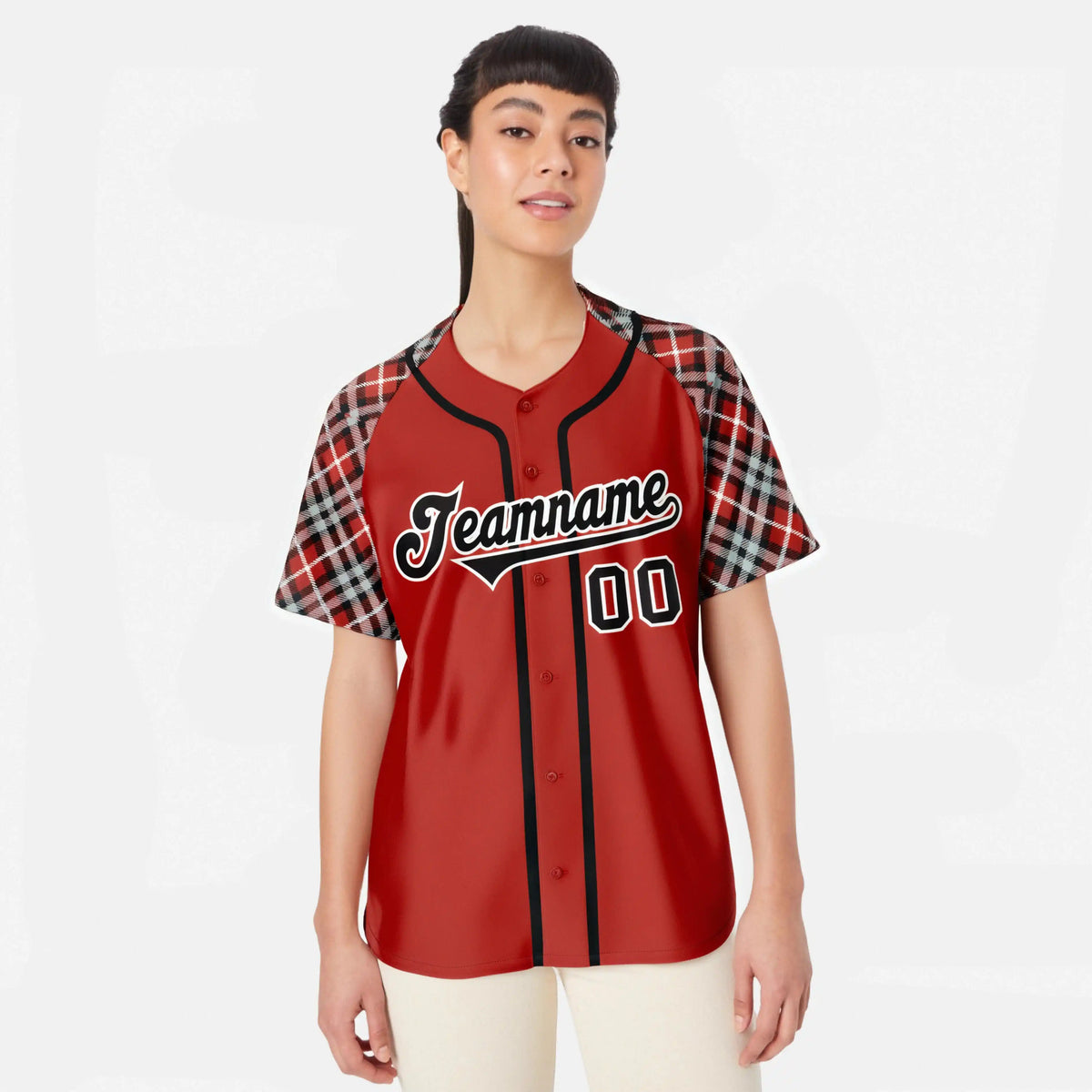 Custom Red Brown-Black White Authentic Plaid sleeve Baseball Jersey