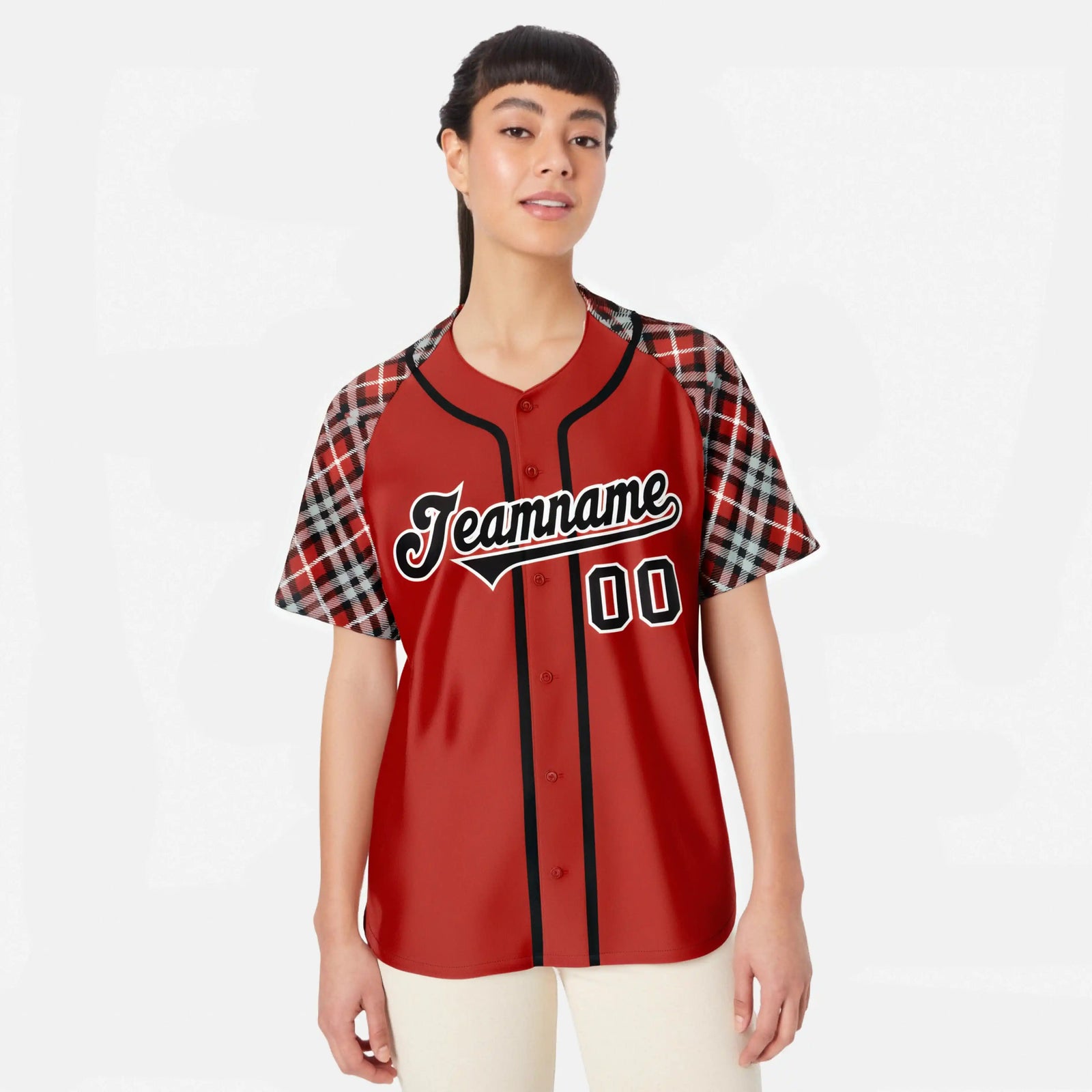 Custom Red Brown-Black White Authentic Plaid sleeve Baseball Jersey