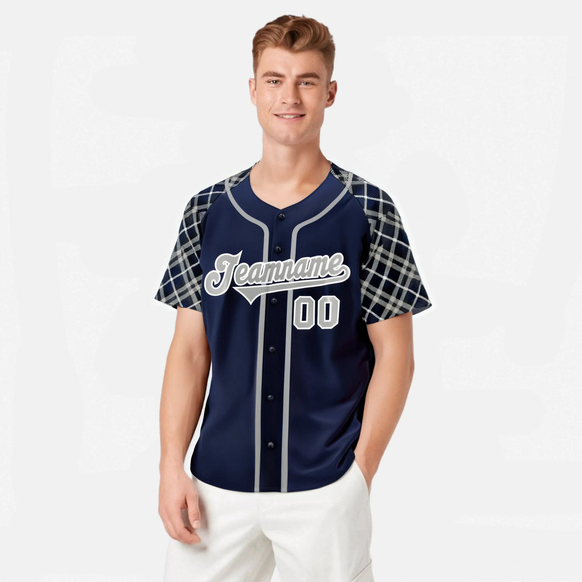 Custom Navy Gray-White Authentic Plaid sleeve Baseball Jersey