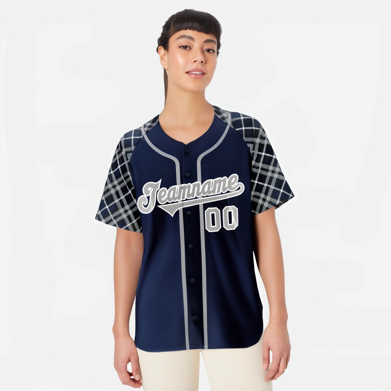 Custom Navy Gray-White Authentic Plaid sleeve Baseball Jersey
