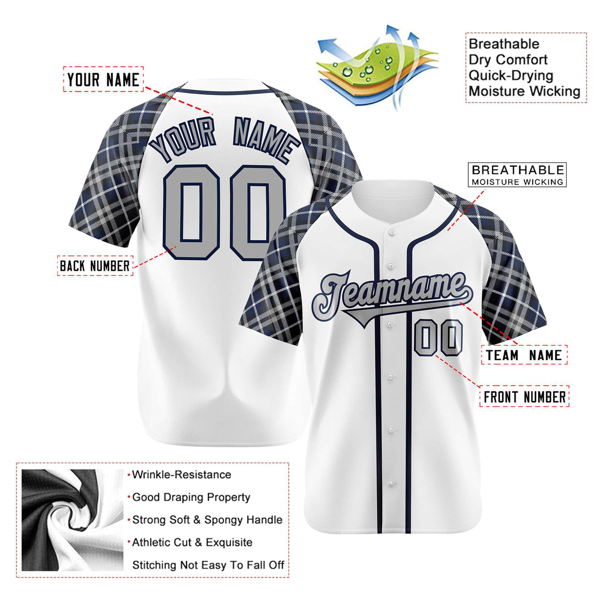 Custom White Gray-Navy Authentic Plaid sleeve Baseball Jersey