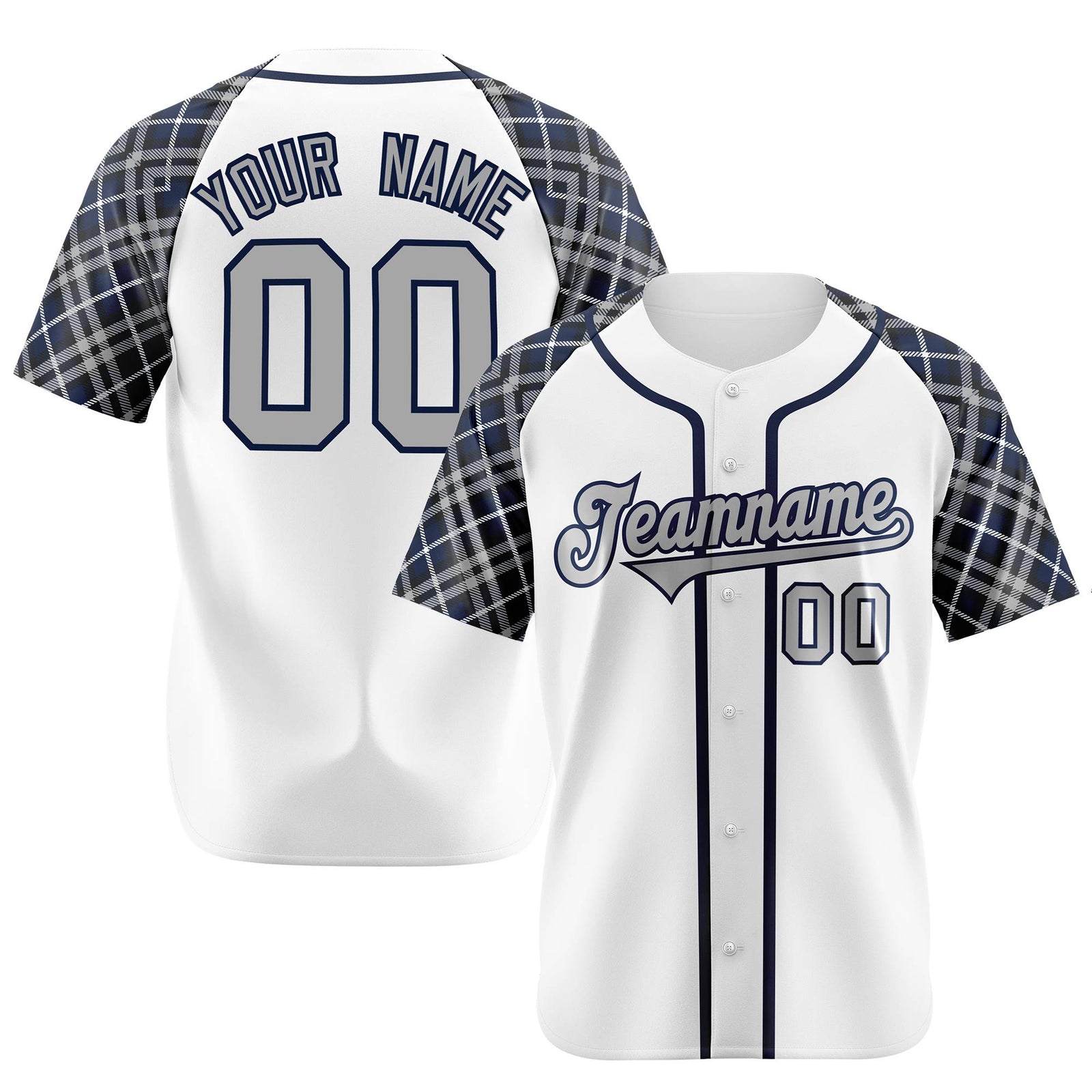 Custom White Gray-Navy Authentic Plaid sleeve Baseball Jersey