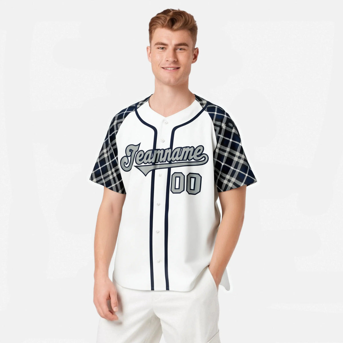 Custom White Gray-Navy Authentic Plaid sleeve Baseball Jersey