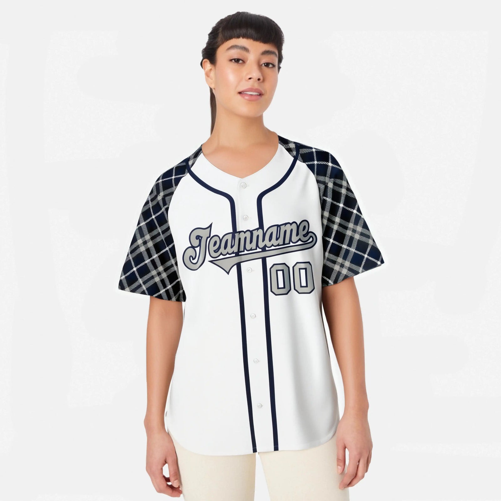 Custom White Gray-Navy Authentic Plaid sleeve Baseball Jersey