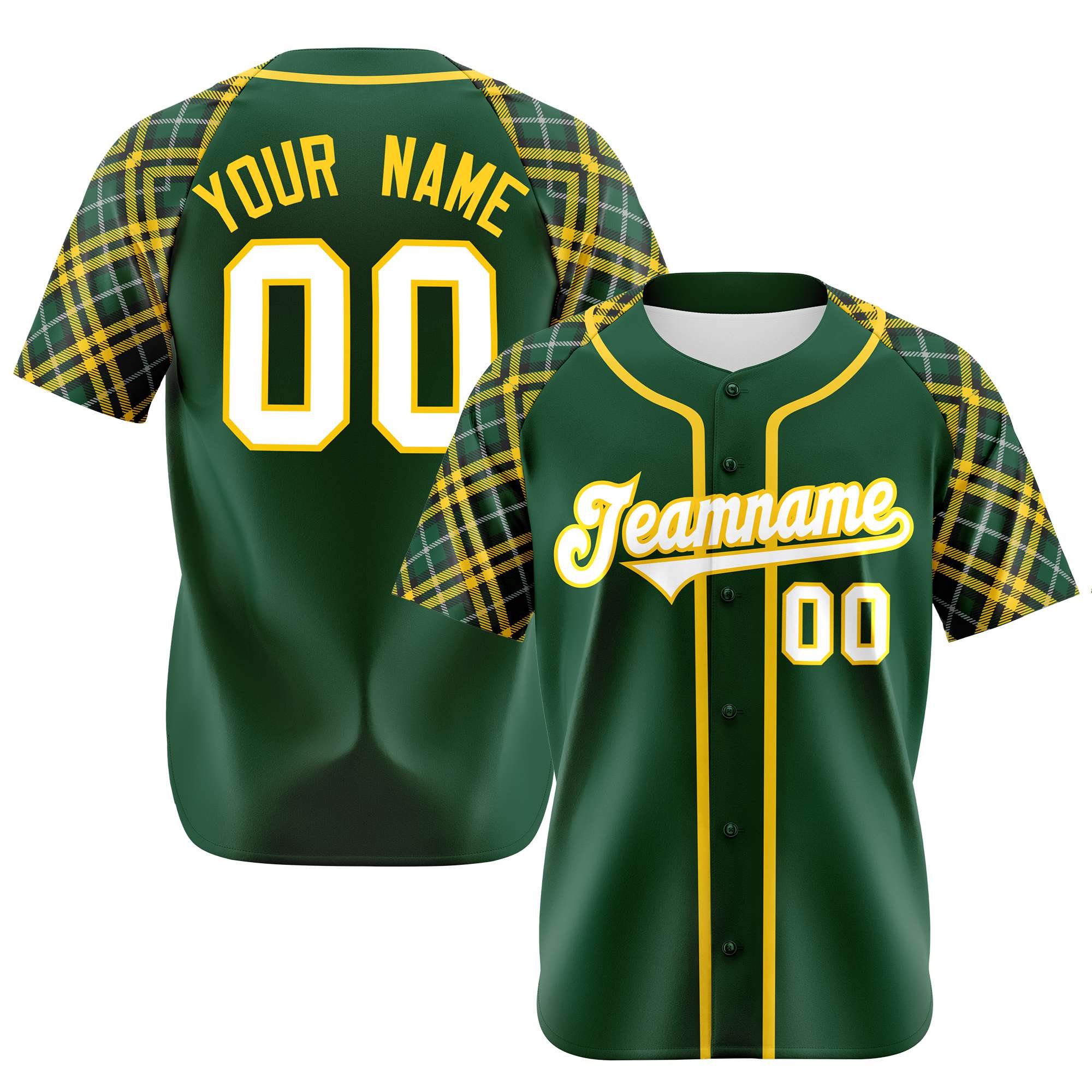 Custom Kelly Green Gold-White Authentic Plaid sleeve Baseball Jersey