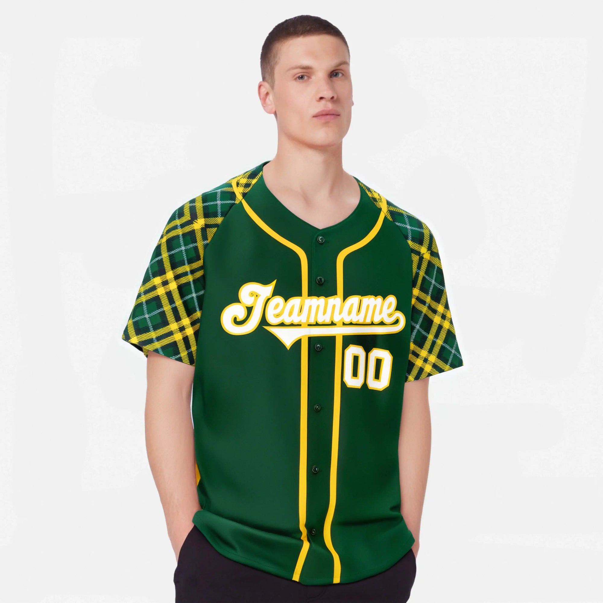 Custom Kelly Green Gold-White Authentic Plaid sleeve Baseball Jersey