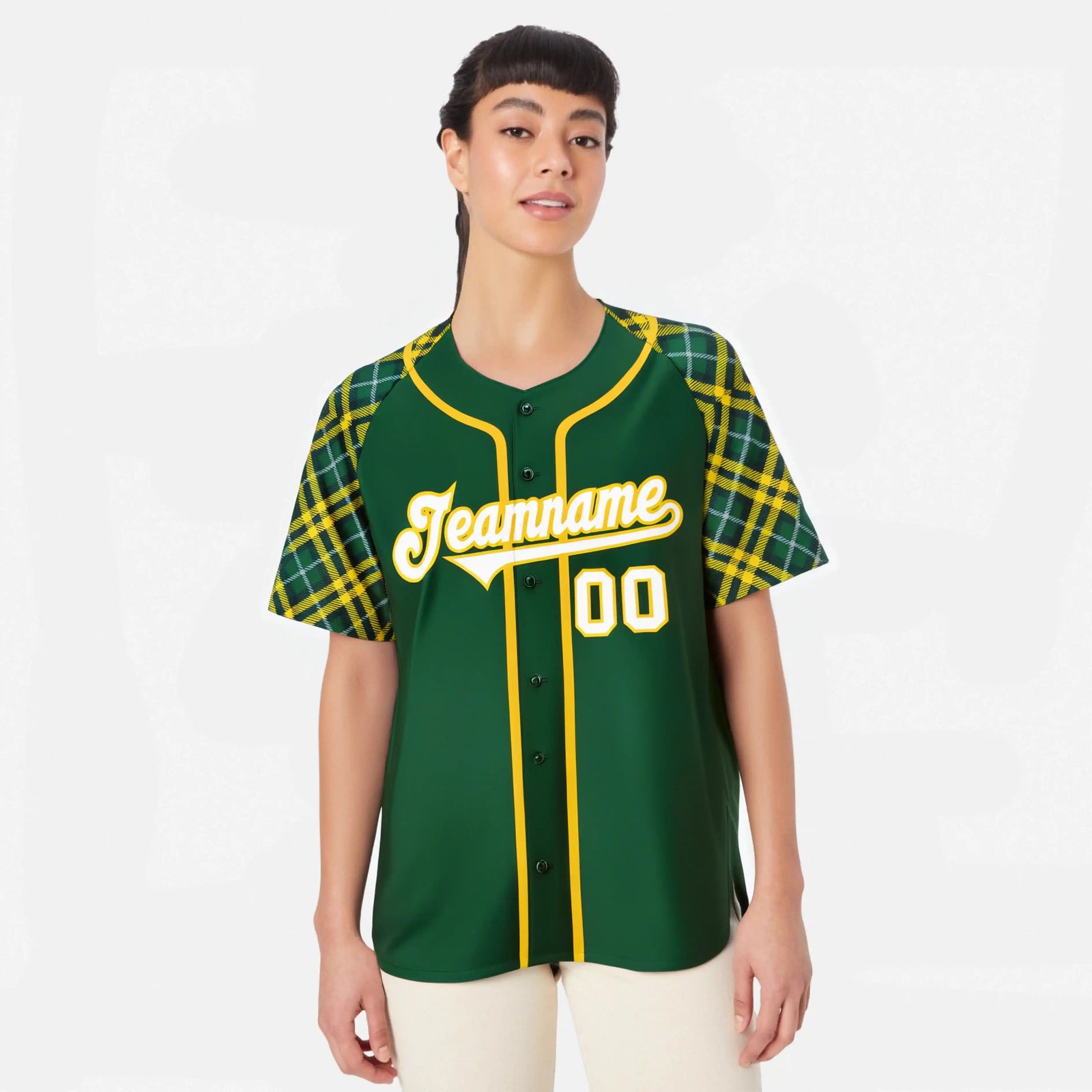 Custom Kelly Green Gold-White Authentic Plaid sleeve Baseball Jersey